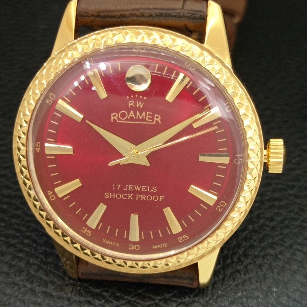 Vintage 1977 Roamer Manual Mens Gold Watch W/Leather Strap & Red accents - Picture 3 of 9